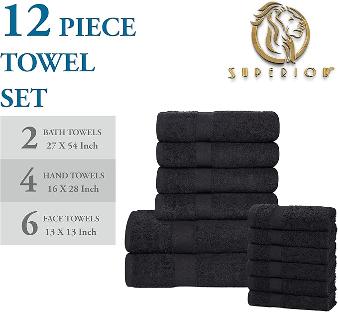 Superior 12-Piece Cotton Assorted Towel Set, Includes 6 Face/Washcloths, 4 Hand, and 2 Bath Towels, Lightweight Essentials, for Home, Gym, Beach, Bathroom, Quick Drying, Franklin Collection, Black