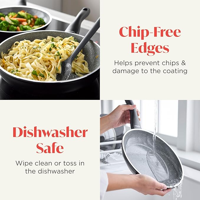 Rigoletto 9.5” Nonstick Frying Pan Skillet, Made in Italy, Layered Ceramic PFAS-Free Surface, Induction Ready, Dishwasher & Metal Utensil Safe, Granite Finish, Stay-Cool Handle,Black