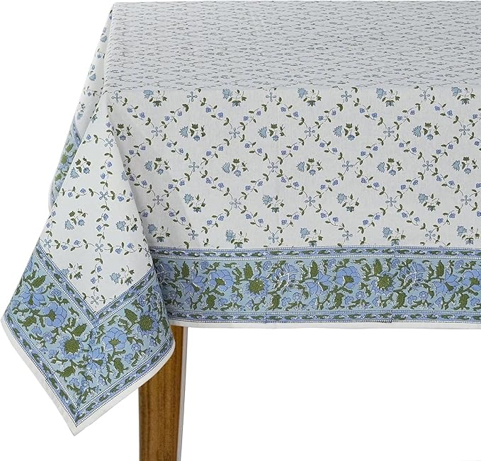 Ridhi Powder Blue Hand Block Print Cotton Rectangle Tablecloth 120" x 60" inches Reusable Table Cover Decorative Everyday Use for Dining, Farmhouse, Home, Party, Festive, Wedding, Fall