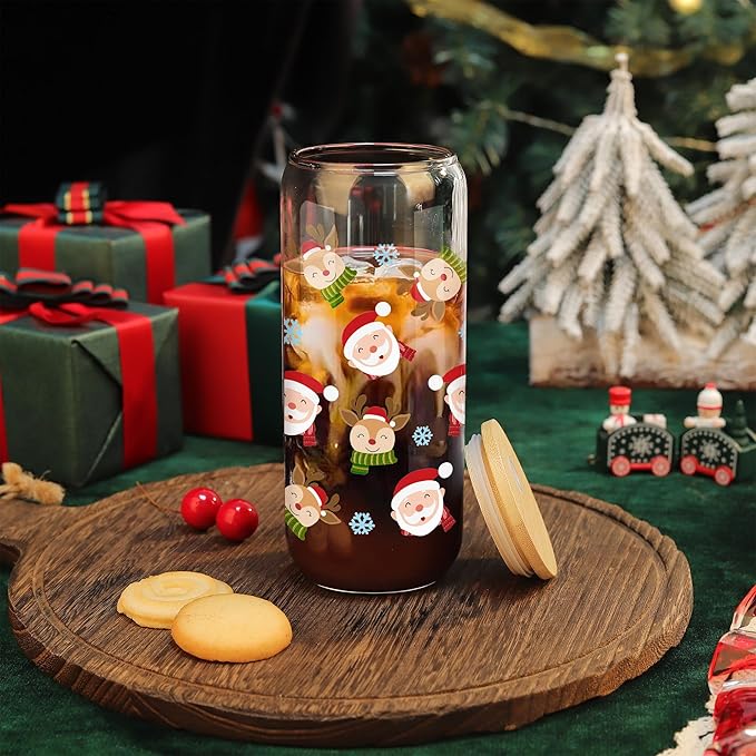Joeyan Christmas Glass Cups with Lids and Straws,20 oz Iced Coffee Tumbler with Santa Claus and Elk Patterns,Cute Can Shaped Beer Drinking Glasses,Holiday Gifts for Women Mom Friend