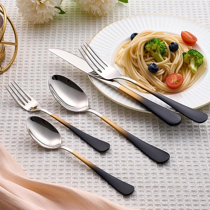20 Piece Black Gold and Silver 18/0 Flatware Utensil Set for 4, Include Dinner Knife,Dinner Forks,Dinner Spoons,Salad Forks,Teaspoons,Silverware Set for 4, Dishwasher Safe