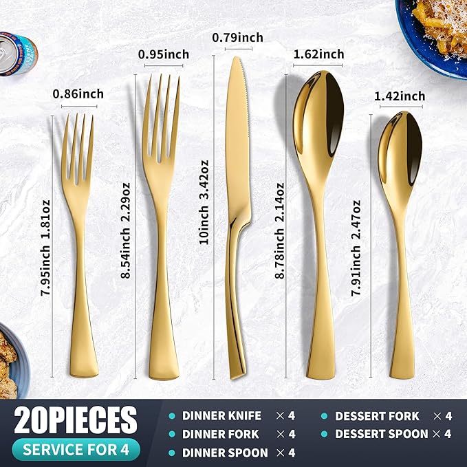 20 Pieces Gold Silverware Set Service for 4,Modern 18/10 Stainless Steel Flatware Cutlery Set,Utensil Set for Home Restaurant Hotel,Mirror Polished,Dishwasher Safe
