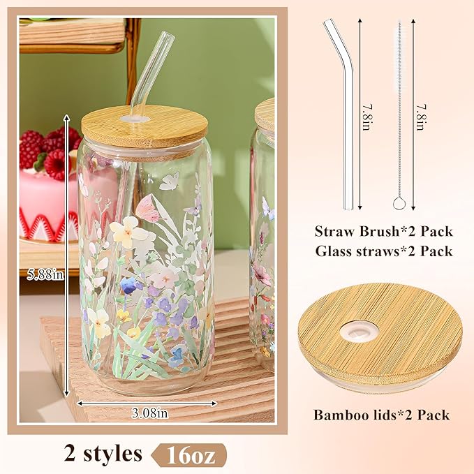 Mumufy Gift for Women Cute Glass Cup Tumbler Flower Iced Coffee Mugs 16 oz Glass with Bamboo Lid & Straw, Mothers Day Birthday Gift for Mom Sister Bridesmaid Baby Shower(2 Pack,Wild Flower1)