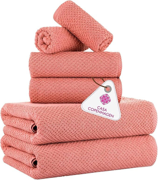 CASA COPENHAGEN Popcorn 6 Pieces Towel Set- Malibu Peach, 600 GSM 2 Bath Towel 2 Hand Towel 2 Washcloth, Designed in Denmark Made of Soft Egyptian Cotton for Bathroom, Kitchen & Shower