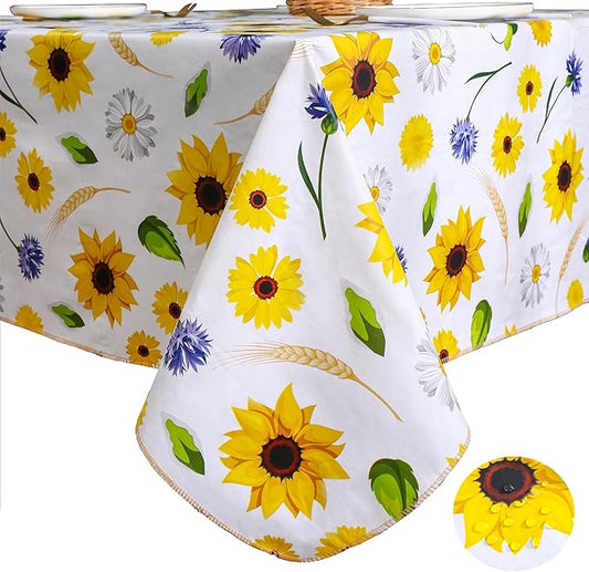 Heavy Duty Vinyl Tablecloth with Flannel Backing Waterproof Oil-Proof Plastic Table Cloth Stain-Resistant Wipeable Rectangle or Square Table Cover for Indoor and Outdoor (Yellow Flower, 52x70 Inch)