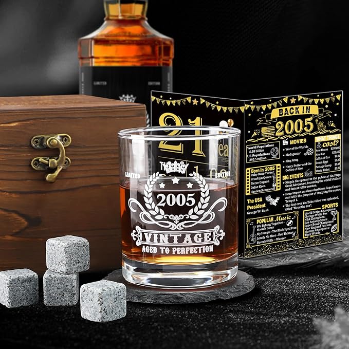 YeohJoy 21st Birthday Gifts for Him,Vintage 2005 Whiskey Glass Set,Wood Box &2005 Poster Anniversary Card & Whiskey Stones & Coaster,Bday Gifts Ideas for Him, Dad, Husband