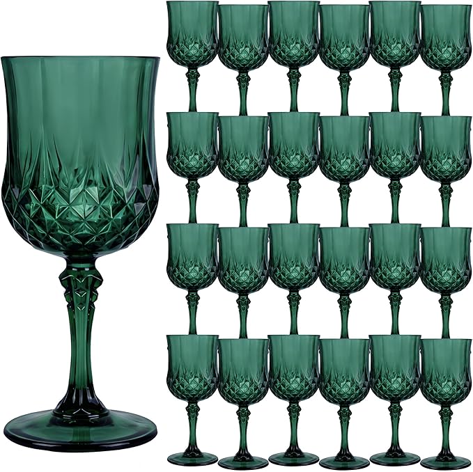 Plastic Wine Glasses，Plastic Goblets Vintage Style Cordial Drinking Glasses for Wedding Reception, Christmas Grand Event Party Supplies (24, Green)