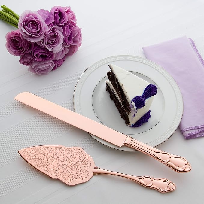 Ella Celebration Cake Knife & Server Set, Rose Gold Cake Cutting Sets for Wedding, Anniversary, Vintage Filigree Party Supplies Decor (Rose Gold)