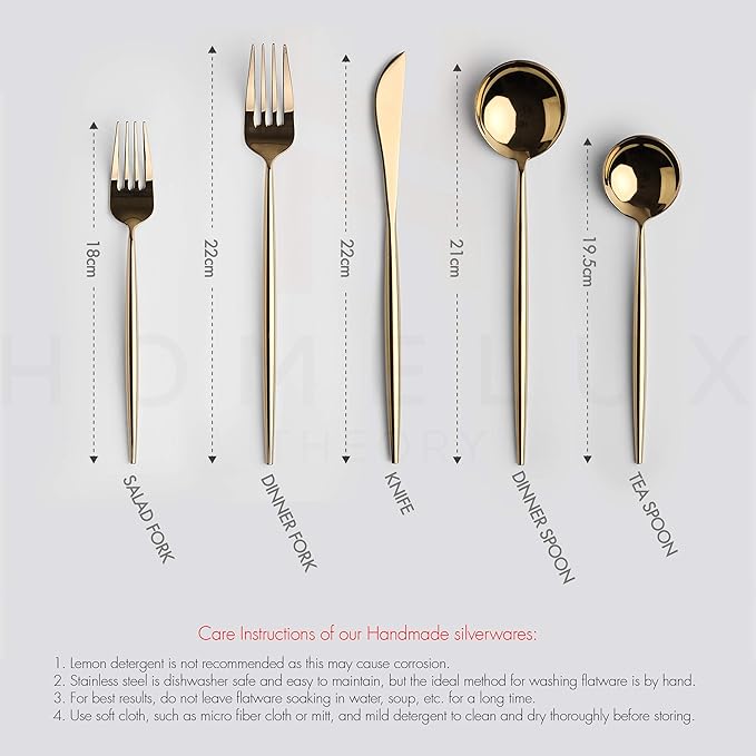Homelux Theory 18/10 Gold Silverware Set, 5pc Mirror Polished Modern Silverware Set, 18/10 Gold Flatware, Stainless Steel Knife Spoons & Forks Set, Modern Cutlery Set of 4