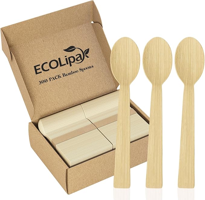 ECOLipak 300 Count Bamboo Spoons Disposable, 6.7 Inch No Splinters Heavy Duty Bamboo Disposable Compostable Spoons for Party, Wedding, Camping, Traveling, Family Dinners, Large Events