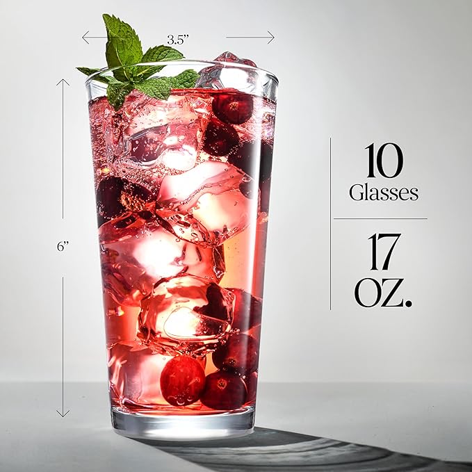 Drinking Glasses Set 17 OZ. Highball Glass Cups, Juice, Cocktails, Wine, Iced Tea, Bar Glass. Dishwasher Safe. (Set of 10) Beer Glasses