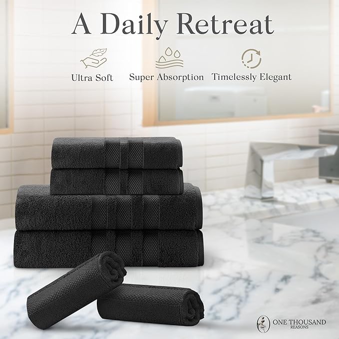 Premium Staple Cotton Bathroom Towel Set - Black 600 GSM 6-Piece Luxury Bath Towel Set 3 Stripe - 2 Bath Towels, 2 Hand Towels & 2 Washclothes Set - High Absorbent & Quick Dry for Gym, Spa, Hotel