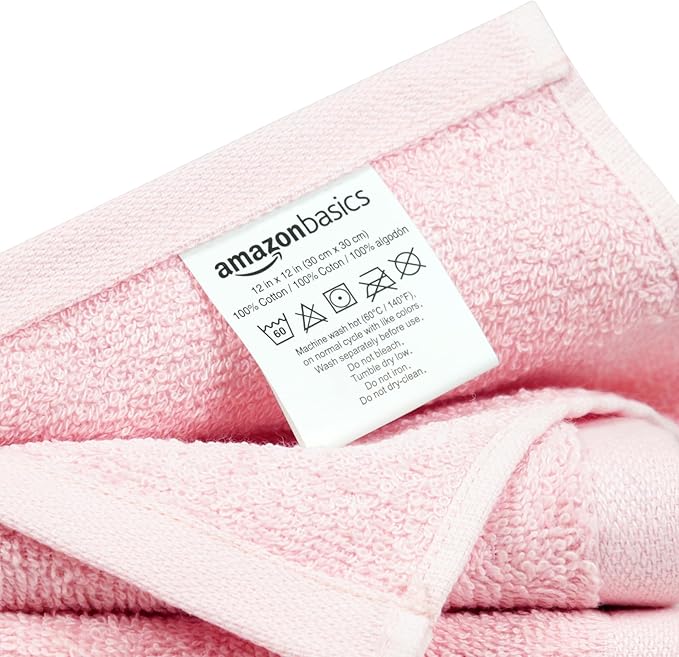 Amazon Basics face Towels for bathroom, 100% Cotton Extra Absorbent washcloth , Fast Drying - salon towel - 24 Pack Petal Pink (12 x 12 inches)