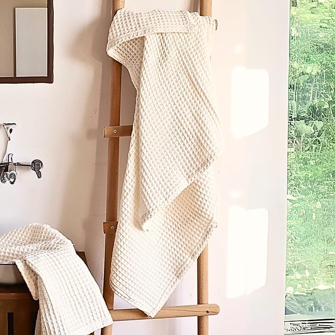 Premium Waffle Bath Towels Pack of 2 Extra Large 35x71 inch - 100% Turkish Cotton, Waffle Weave, Quick Dry, Lint Free, Oversized, Thin Bath Sheet Towel (Natural, Set of 2 Bath Towels)