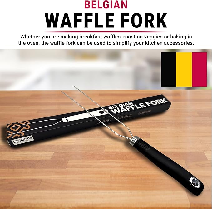 Waffle Fork for Belgian Waffles, Mulit-Use Stainless Steel Kitchen Tool with Silicone Handle, Beveled Prongs, Belgian Baking Accessory - One Size Black