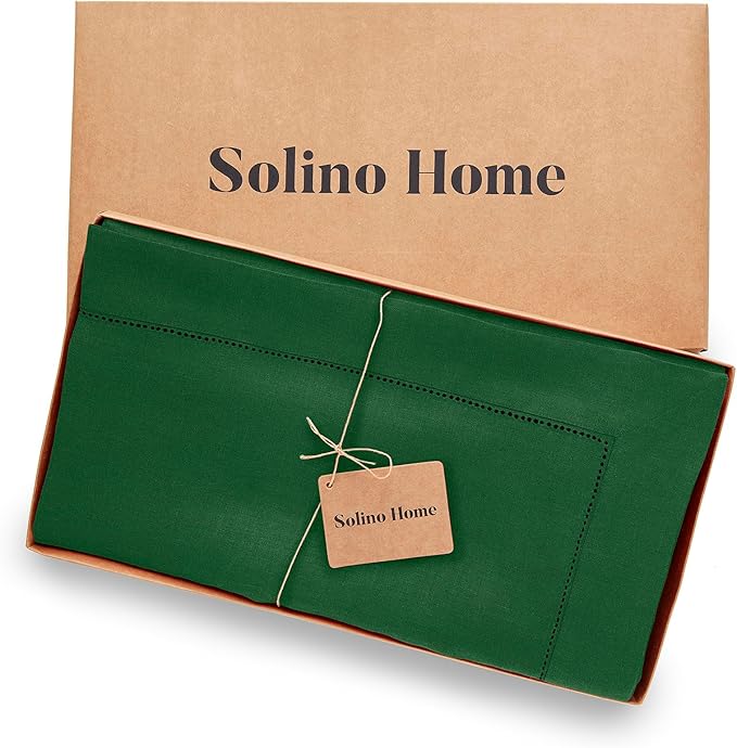 Solino Home Green Linen Tablecloth 70 x 90 Inch - Sonoma Hemstitch, 100% Pure Linen Rectangular Tablecloth - Machine Washable Table Cloth for New Year