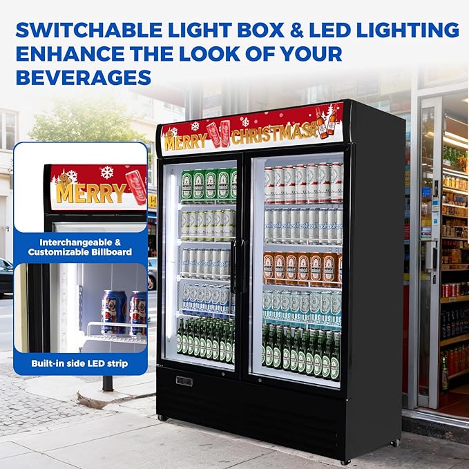 36 cu.ft Commercial Refrigerators with 2 Glass Door, Beverage Fridge with LED Light Display Upright Merchandiser, Drink Cooler with 8 Adjustable Shelves Black ETL Approved
