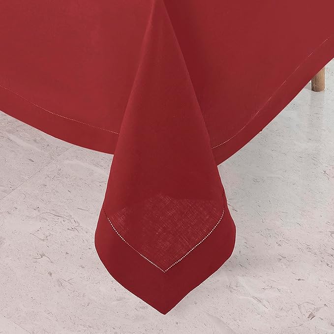 D'Moksha Homes Red Linen Tablecloth for Rectangle Tables 60 x 102 Inch - Classic Hemstitch 100% Pure Linen Red Table Cloth - Machine Washable Dining Tablecloth for Winter, Christmas, Holiday, New Year