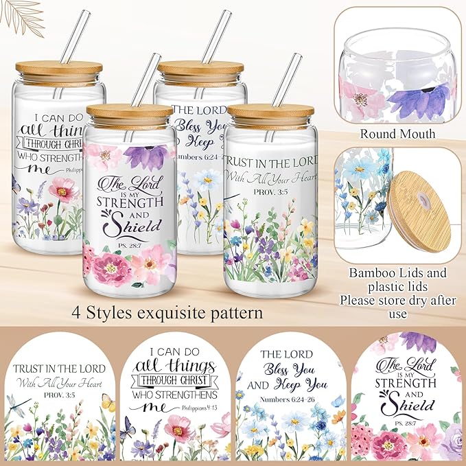 Mumufy 4 Pcs Christian Gifts for Women Set Bible Verse 16oz Glass Tumblers with Straw, Inspirational Prayer Affirmation Cups, Religious & Spiritual Gift for Mom Wife Sister or Friends for Christmas