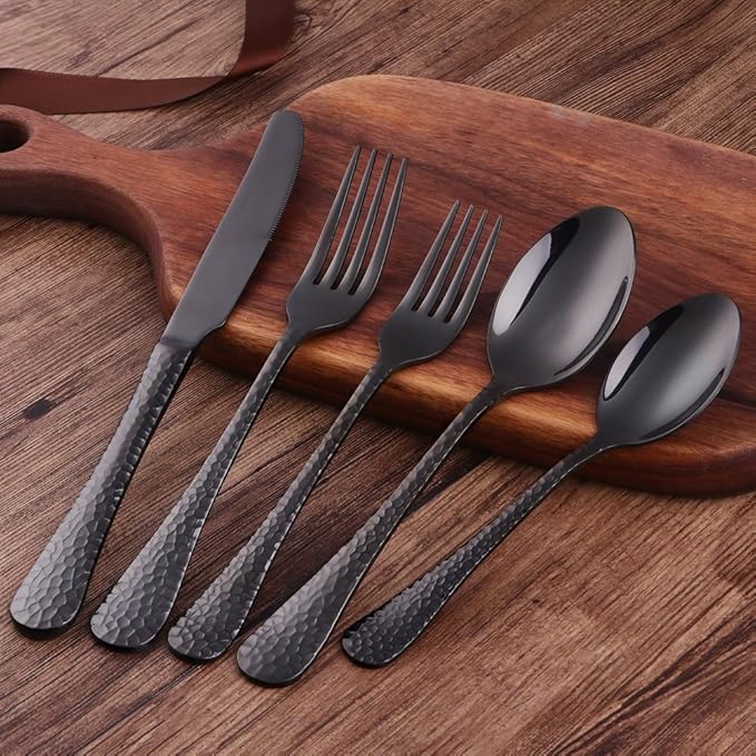 5-Piece Black Silverware Flatware Set Service for 1 Stainless Steel Cutlery Set Include Dinner Knife Table Fork Table Spoon Salad Fork Tea Spoon for Wedding, Dishwasher Safe
