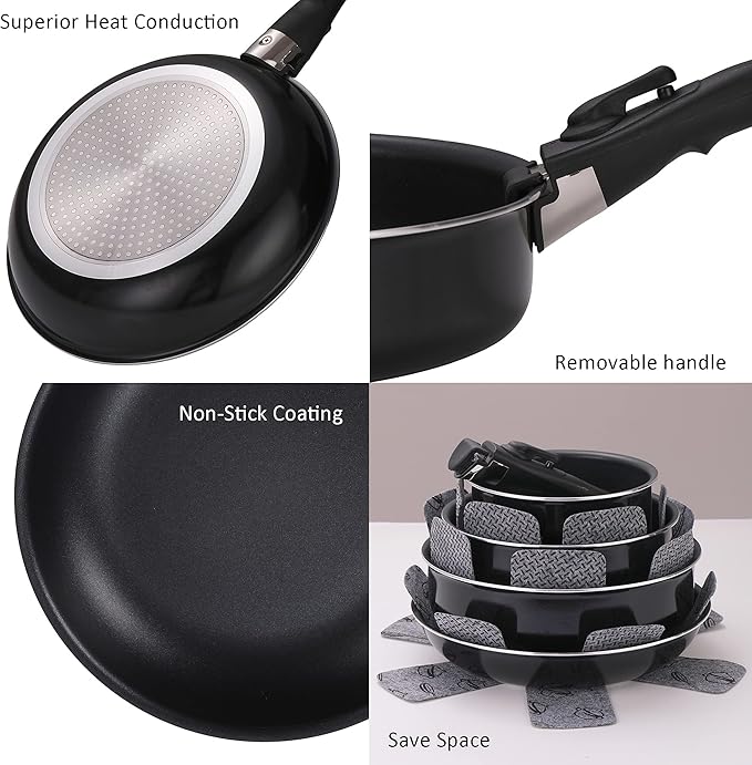 16 Pieces Kitchen Removable Handle Cookware Sets, Stackable Pots and Pans Set Nonstick for Induction Gas RVs Camping Space Saving