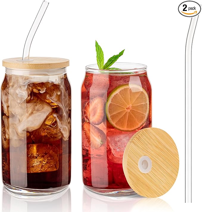 Glass Cups with Lids and Straws, 16 Oz - Set of 2 Reusable Iced Cold Coffee Tumblers - Clear Glass Bottle for Water with Bamboo Lids
