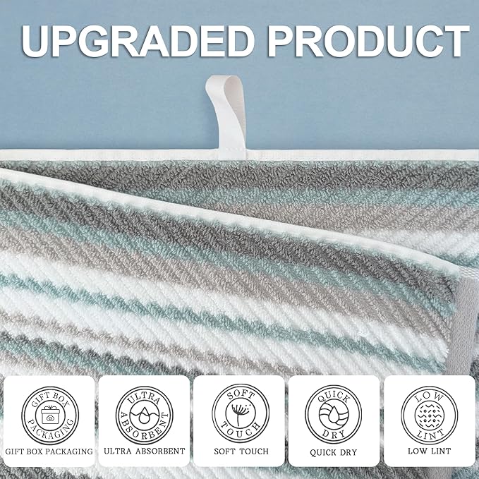 VOOVA & MOVAS 3PCS Bathroom Towels, 100% Cotton, Quick Dry, Thick, Soft, 1PC Stripe Bath Towel 30"x54", White Hand Towel 18"x28", Gray Washcloth 13"x13", Bathroom Essentials