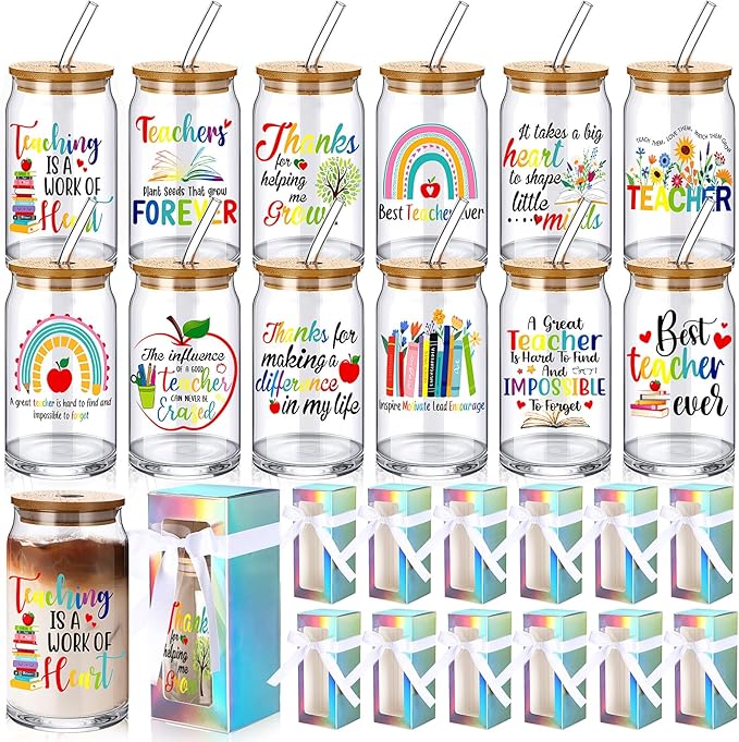 Layhit 12 Set Teacher Appreciation Gifts Glass Cups for Women Men 16 oz Thank You Drinking Cups for Teachers School Staff Can Shaped Glass with Lids Straws and Gift Boxes for Thanksgiving Christmas