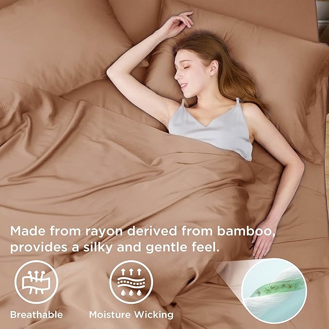 Bedsure King Size Sheets Set, Cooling Sheets for Hot Sleepers, Rayon Derived from Bamboo, Breathable & Soft, Deep Pocket Up to 16 Inches, Hotel Luxury Silky Bedding, Khaki