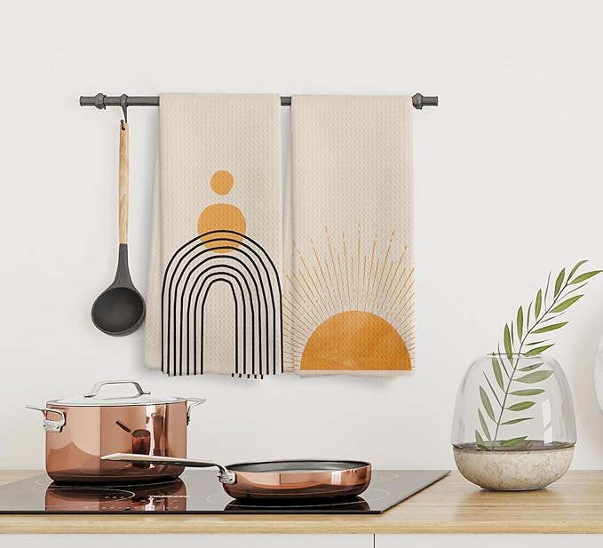 Boho Black Sun Sunrise Sunshine Rainbow Kitchen Towels and Dishcloths Sets of 2,Bohemian Absorbent Drying Cloth Hand Towels Tea Towels for Bathroom,Boho Gifts for Women Girls,16×24 inches (Orange)