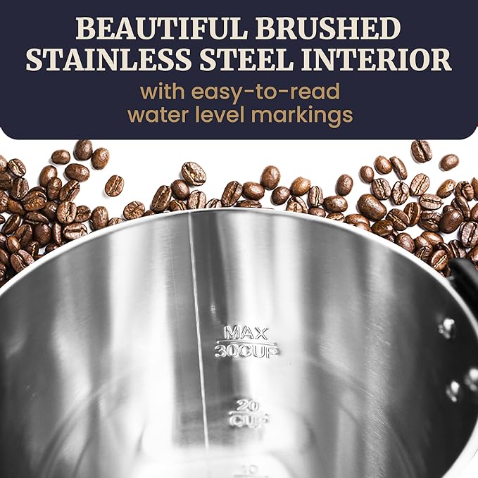 Elite Gourmet CCM-035 Maxi-Matic 30 Cup Stainless Steel Coffee Urn Removable Filter For Easy Cleanup, Two Way Dispenser with Cool-Touch Handles Electric Coffee Maker Urn, Stainless Steel