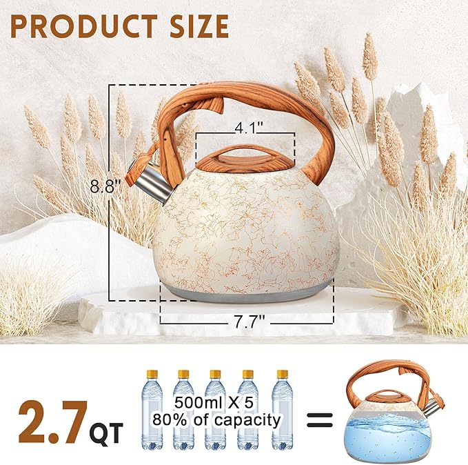 GGC Tea Kettle for Stove Top, Loud Whistling Kettle for Boiling Water Coffee or Milk, 3.1 Quart Stainless Steel Art Line White Pot with Wood Pattern Handle, Unique Button Control Outlet