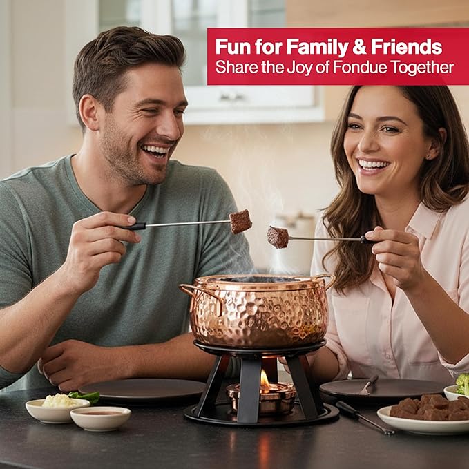 Swissmar Biel 11-Piece Copper-Plated Fondue Set – Hammered Finish – Ideal for Oil & Broth Cooking – Perfect for Entertaining, Kitchen Collections & Wedding Gifts – 2 Liter / 2.1 Quarts
