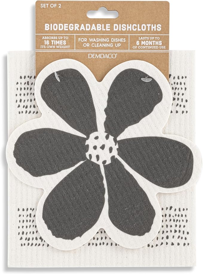DEMDACO Reusable Biodegradable Kitchen Cleaning Dish Cloth from Design Serving Collection 6 x 7 Inch Cotton Blend Flower and Hearts Assorted Set of 2