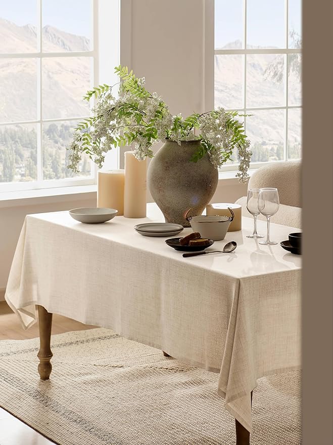 Linen Tablecloth for Rectangle Table 52x52 Inch Light Tan, Farmhouse Style Beige Tablecloth, Water Resistant Burlap Tablecloths for Dining Table Farmhouse Kitchen
