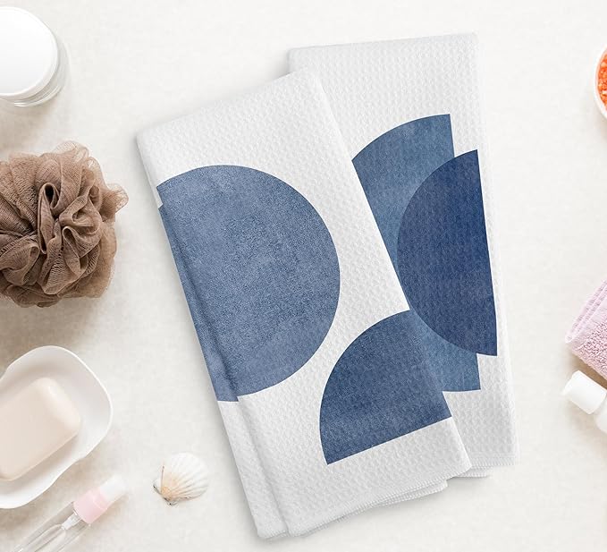 Bohemian Blue Circle Kitchen Towels and Dishcloths Set of 2, Abstract Flower Decorative Hand Towels, Blue Botanical Drying Cloth Towels for Bohemian Bathroom, 1624 Inches