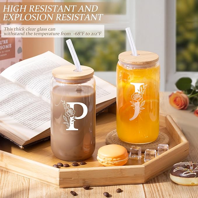 Personalized Gifts for Women, Monogrammed Gifts for Women, Initial 16 oz Glass Cups With Lids and Straws, Customized Mug, Personalized Birthday Gifts Christmas Gifts for Her Mom Friend Woman, P