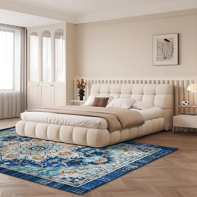 Easy-Going Large Area Rug 8x10 Washable Boho Rugs for Living Room Non-Slip Bedroom Rug Low Pile Lightweight Tangerine Vintage Throw Rug for Dining Room Kitchen Home Office Carpet, Floral Aqua Yellow