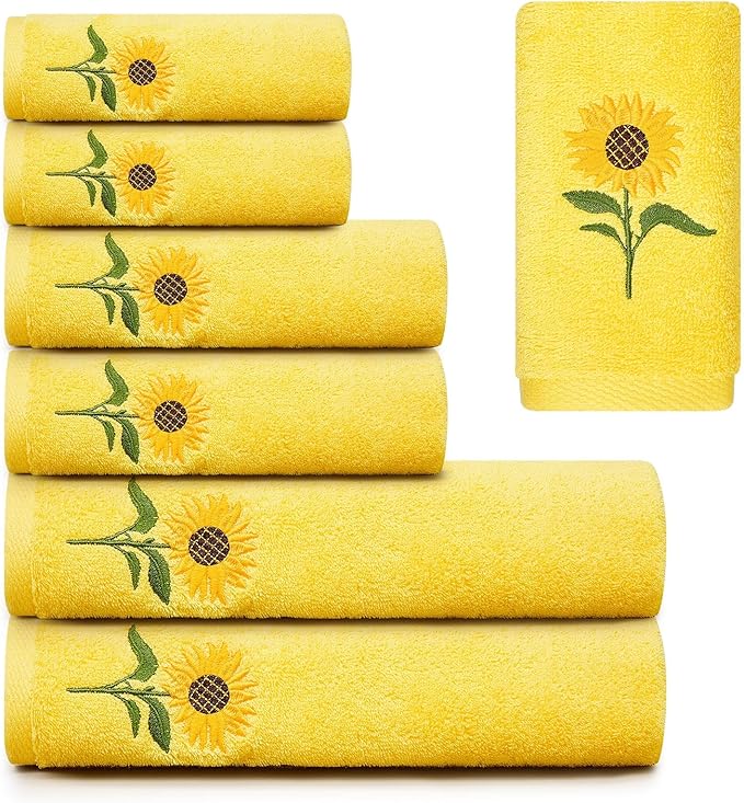 Peryiter 6 Pack Cotton Christmas Bath Towels Set Sunflower Yellow Towels for Bathroom, Soft and Absorbent, Contains 2 Bath Cloth, 2 Hand Cloth and 2 Wash Cloths