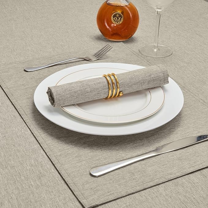 Cloth Place Mats Set of 8–Reusable Rectangular Waterproof Fabric Polyester Washable Wipeable Heat Resistant Linen for Kitchen Dining Dinner Restaurant Wedding Table(Flaxen/13x19 Inch)