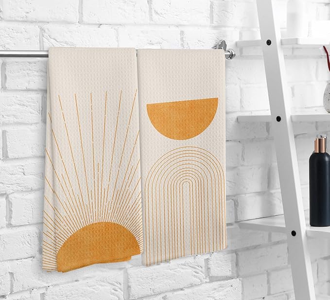 Beige Orange Abstract Sunrise Kitchen Towels and Dishcloths Set of 2, Bohemian Sun Decorative Towels, Orange Moon Drying Cloth Hand Towels for Bohemian Bathroom Kitchen Decor, 16×24 Inches