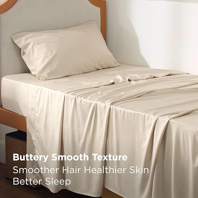 Bedsure Cooling Sheets Twin XL, Rayon Derived from Bamboo, Breathable & Soft Twin XL Sheet Sets, Deep Pocket Up to 16 Inches, Hotel Luxury Silky Dorm Bedding for Hot Sleepers, Beige