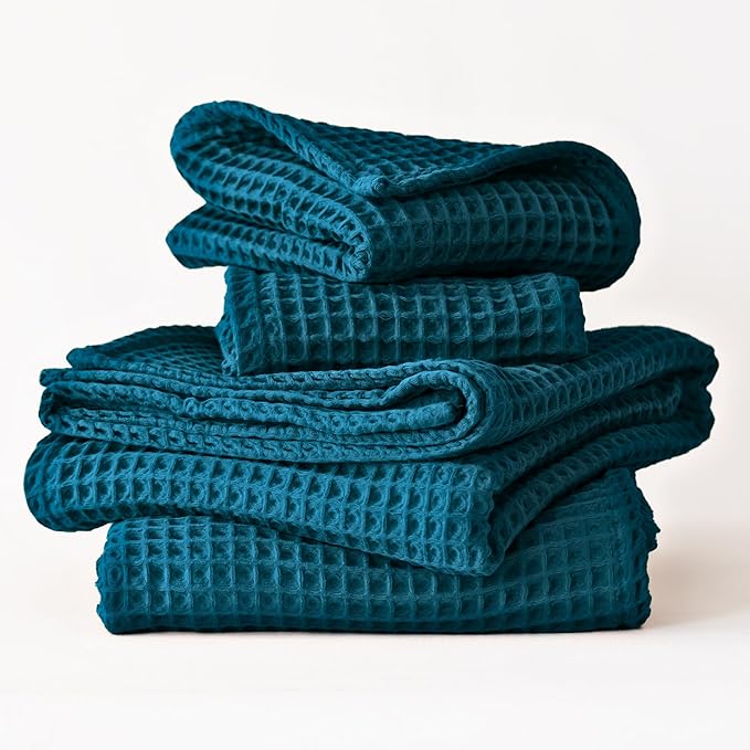 4-Piece Waffle Towels Set for Bathroom - Soft 100% Turkish Cotton Quick-Dry Lint-Free Waffle Weave Thin Bath and Hand Towels (Indigo, 2 Bath & 2 Hand Towel Set)