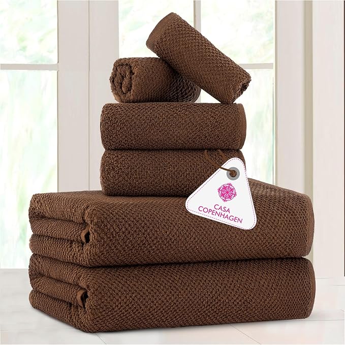 CASA COPENHAGEN Popcorn Textured 6 Pieces Towel Set- Toffee, 550 GSM 2 Bath Towel 2 Hand Towel 2 Washcloth, Rough & Tough Use Cotton Towels Gift Set for Bathroom
