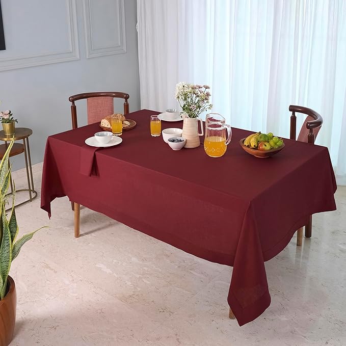 D'Moksha Homes Linen Tablecloth for Rectangle Tables 60 x 144 Inch - 100% Pure Linen Dark Red Table Cloth - Machine Washable Cloth Tablecloth for Winter, Holiday, New Year