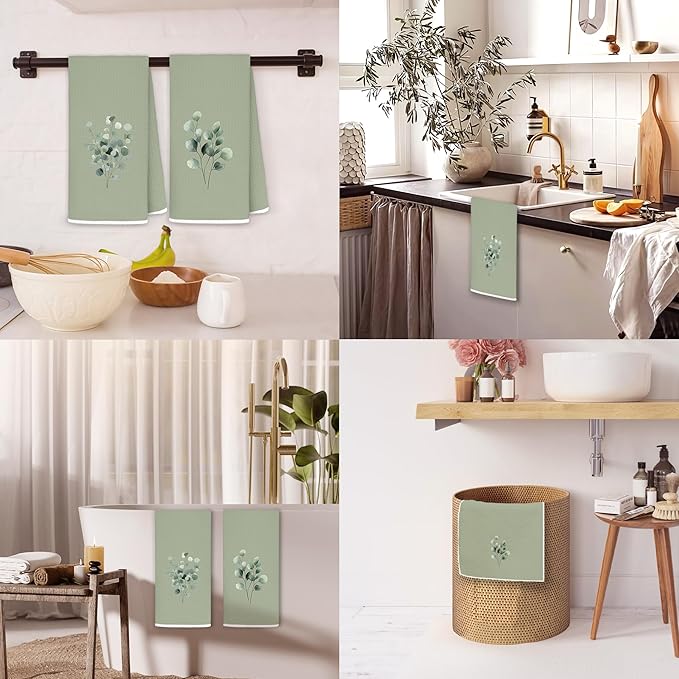 Sage Green Eucalyptus Bathroom Hand Towels, Farmhouse Botanical Decorative Hand Towels for Washroom Restroom, Eucalyptus Bathroom Decor, 16x24 Inch Set of 2