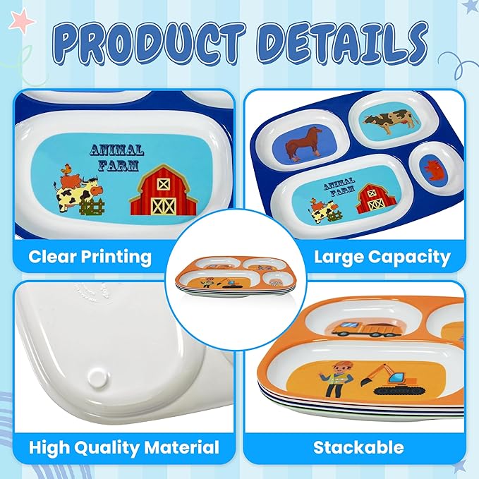 4E's Novelty Set of 4 Melamine Dinner Plates for Kids Boys - Divided Plates for Picky Eater, BPA Free, Toddler Eating Essentials, Boy Dinnerware Set