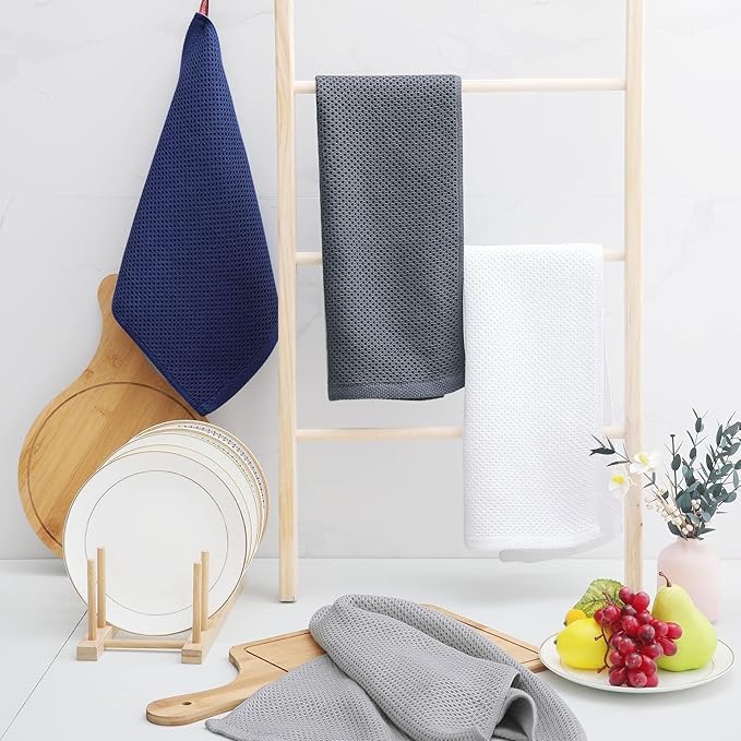 Homaxy 100% Cotton Waffle Weave Kitchen Dish Towels, Ultra Soft Absorbent Quick Drying Cleaning Towel, 13 x 28 Inches, 12-Pack, Light Gray