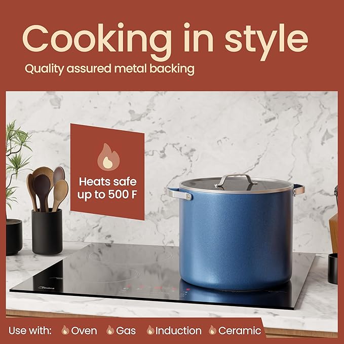 Bakken 12.5 Quart Ceramic Coated Stock Pot with Lid, Easy Clean Nonstick Pot, Tempered Glass Lid, Riveted Stainless Steel Handles, Oven Safe Up To 500°F, PTFE & PFAS Free, All Stove Compatible, Blue