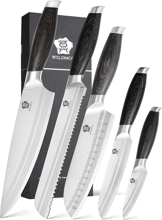WILDMOK Professional Knife Set, 5 Pieces Kitchen Knife Set, German Stainless Steel Chef Knife Set withGift Box, Black Pakkawood Handle